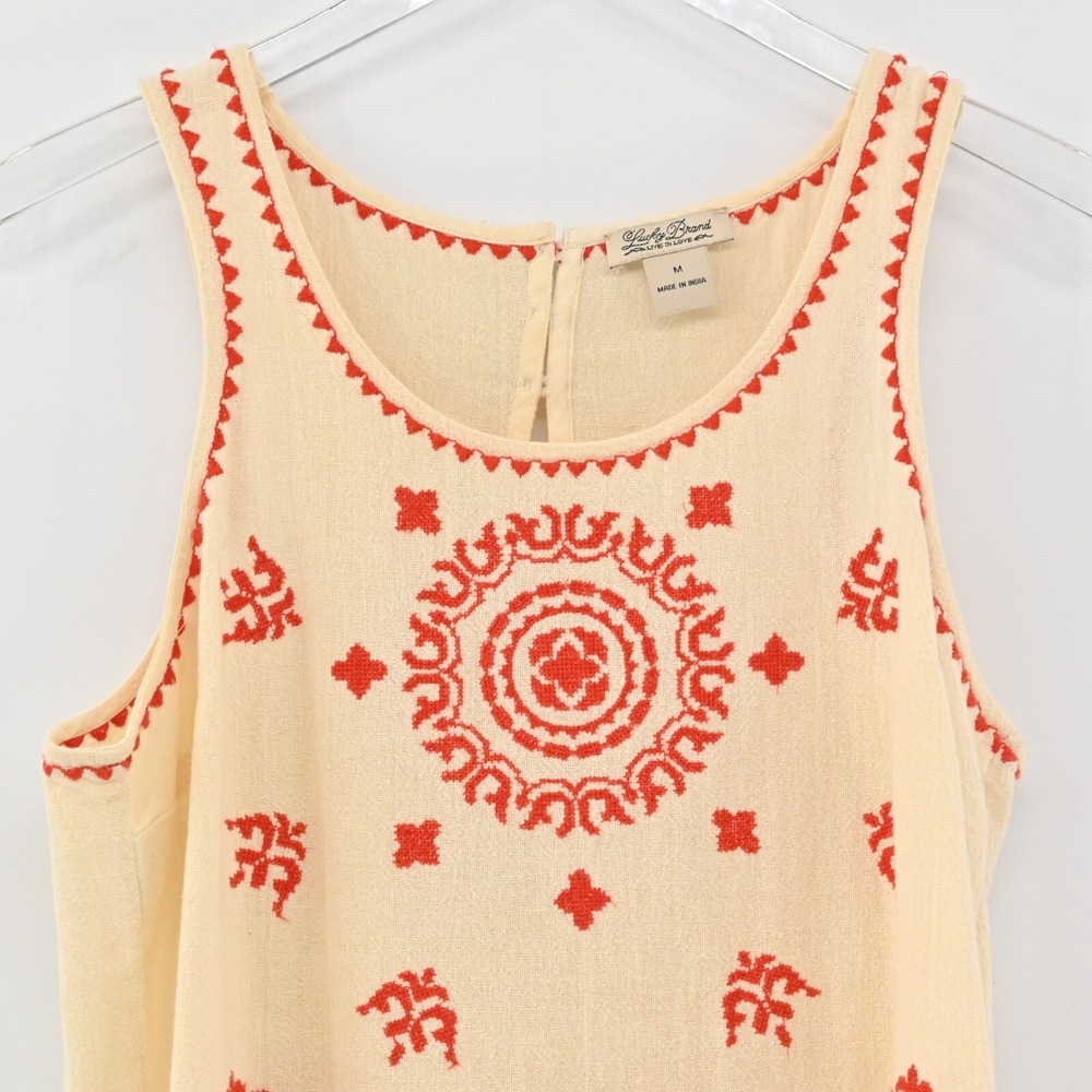 Lucky Brand Embroidered Top Womens Size M Beige Red Sleeveless Scoop Neck Tank - Picture 6 of 10